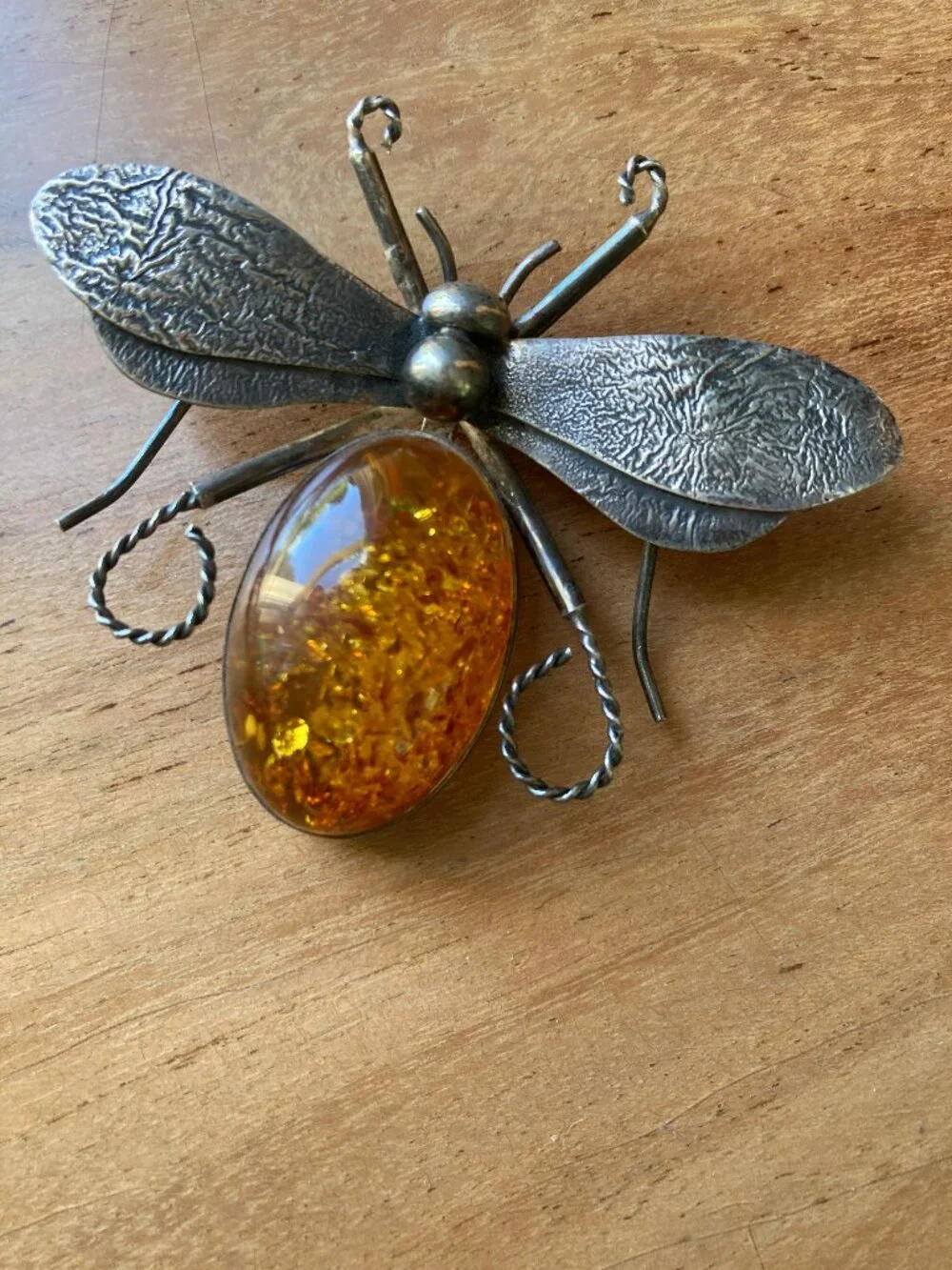 ENORMOUS Victorian Sterling SIlver Amber Bumble Bee Bug Brooch Pendant - Picture 4 of 6